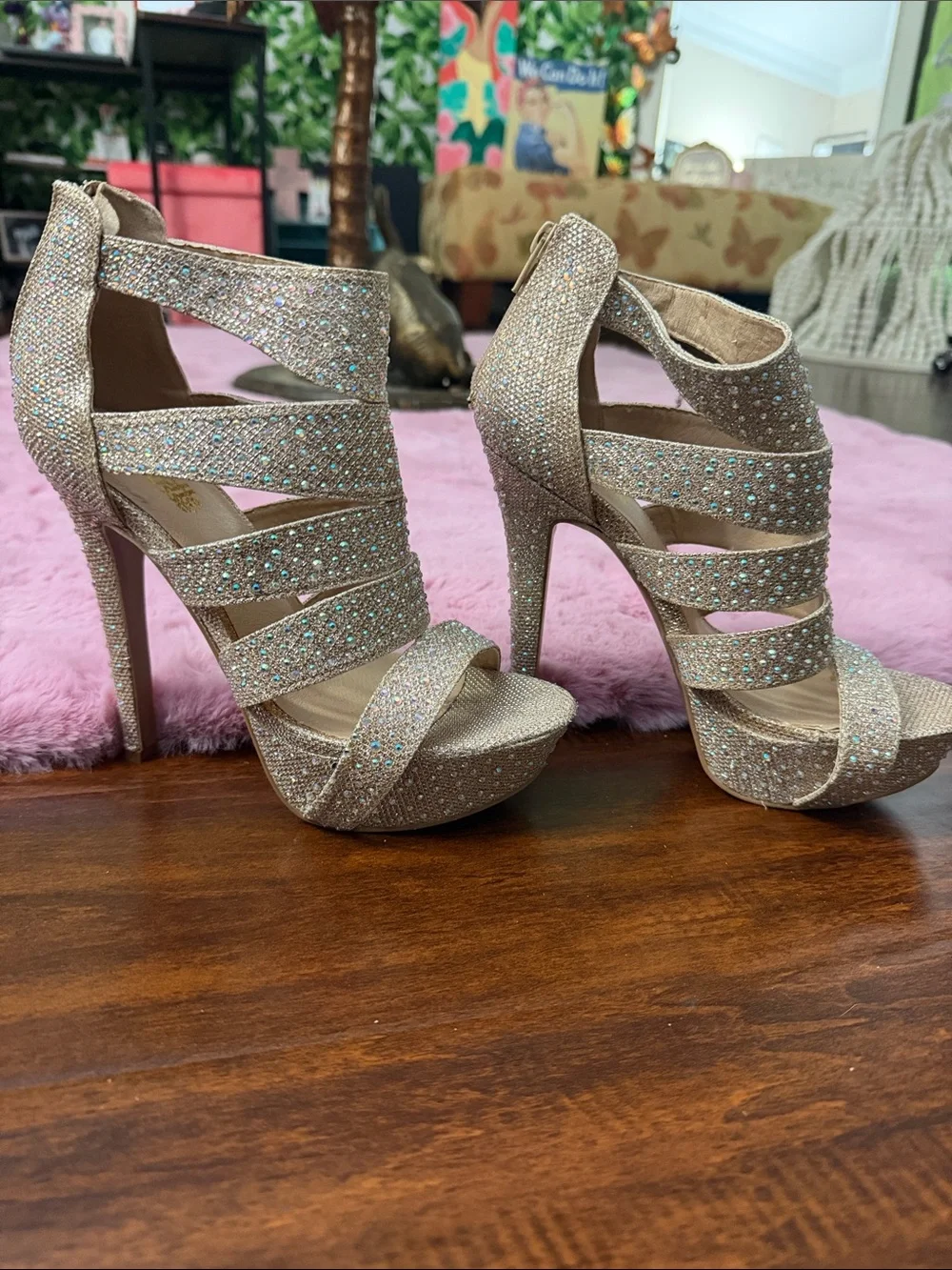 Charlotte Russe Sparkling Rose Gold Strappy Platform Heels